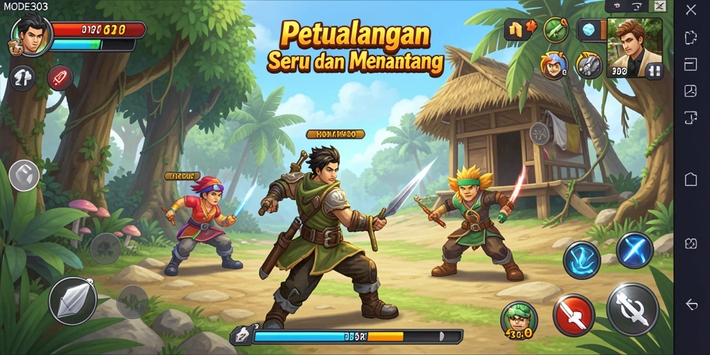 Screenshot utama MODE303 menampilkan aksi seru dalam petualangan.