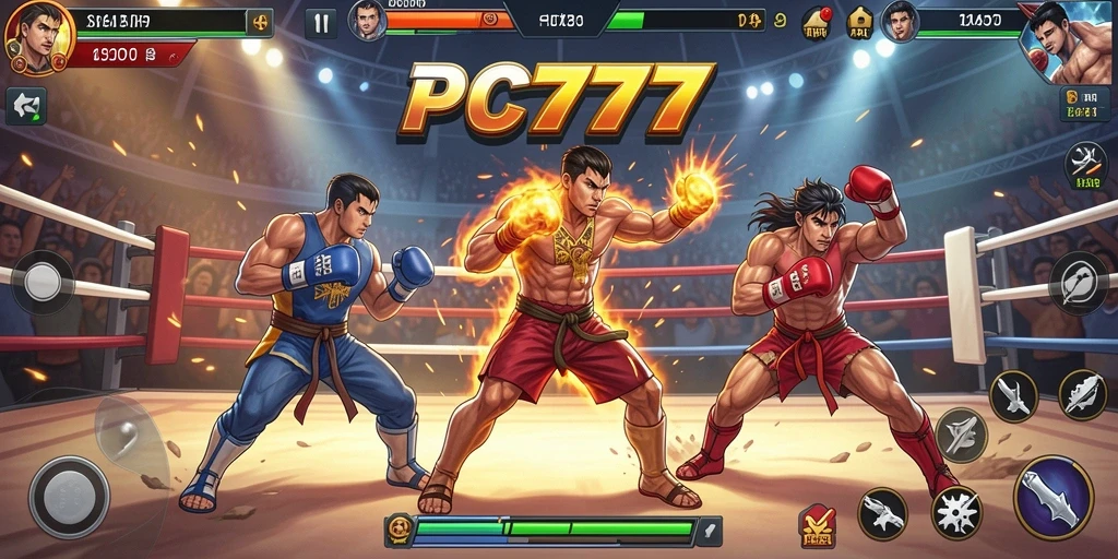 Screenshot gameplay PC777 menampilkan pertarungan seru antara dua karakter.
