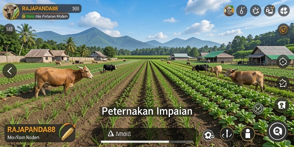 Tampilan gameplay seru di RAJAPANDA88 dengan aktivitas pertanian.