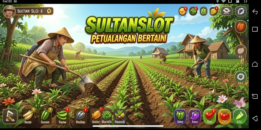 Tampilan gameplay <strong>SULTANSLOT</strong> yang menakjubkan dengan tanaman subur dan alat pertanian.