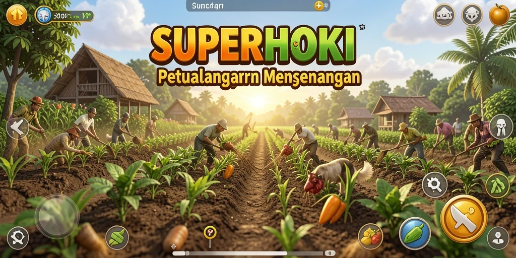 Tampilan gameplay SUPERHOKI dengan kebun yang penuh warna.